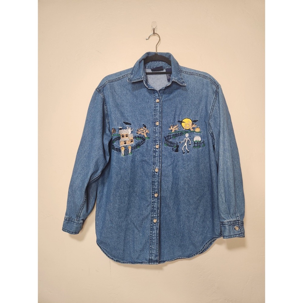 VTG 90s Solutions Embroidered Halloween Ghost Skeleton Denim Button Up Small